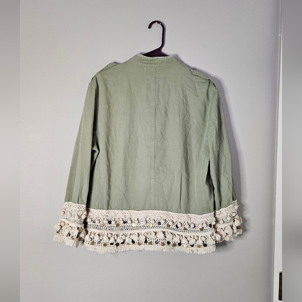 Zara Woman Outerwear Army Green Tassel Pom Fringe Boho Jacket - Picture 11 of 13